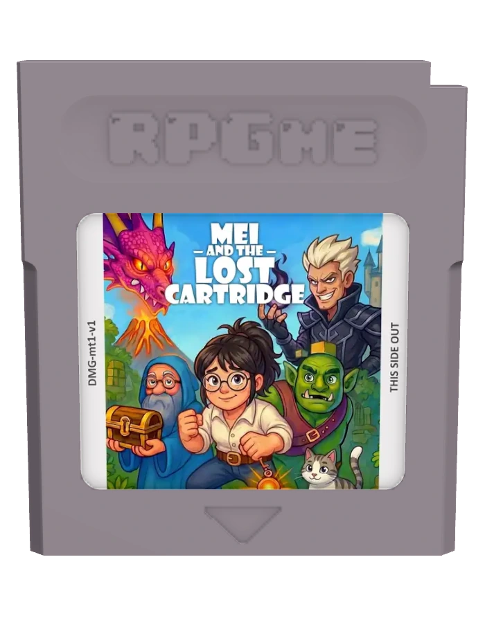 A sample RPGme game cartridge with a custom illustrated label